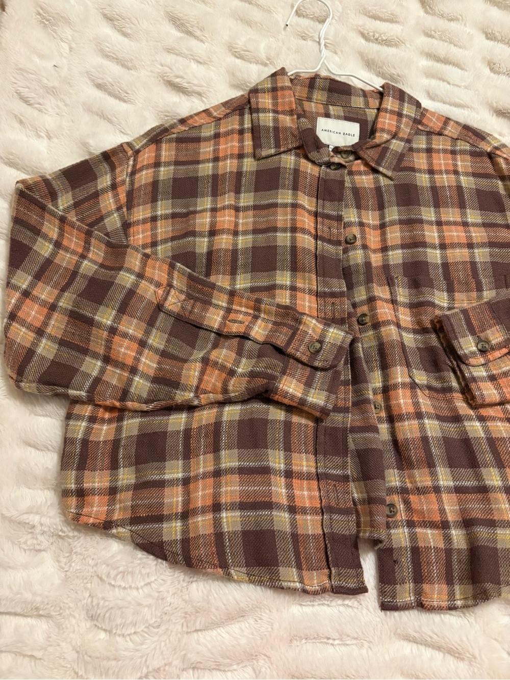 American Eagle Plaid Flannel Shirt - Brown, Orange & Cream